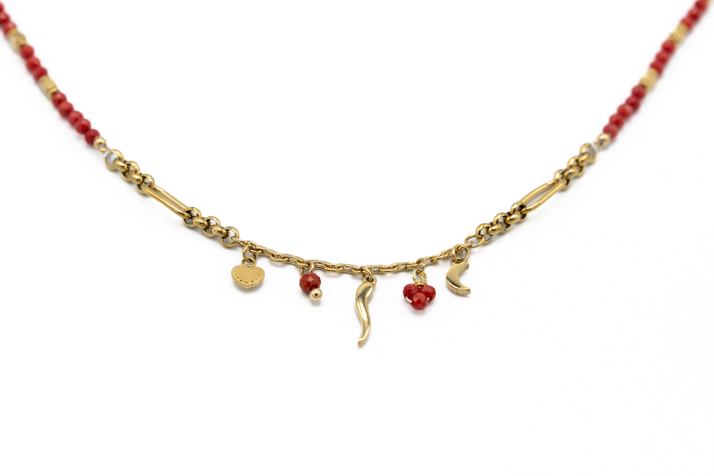 COLLANA CORTA ACCIAIO PIETRE ROSSE CORNO,CUORE,LUNA PENDENTI LN13