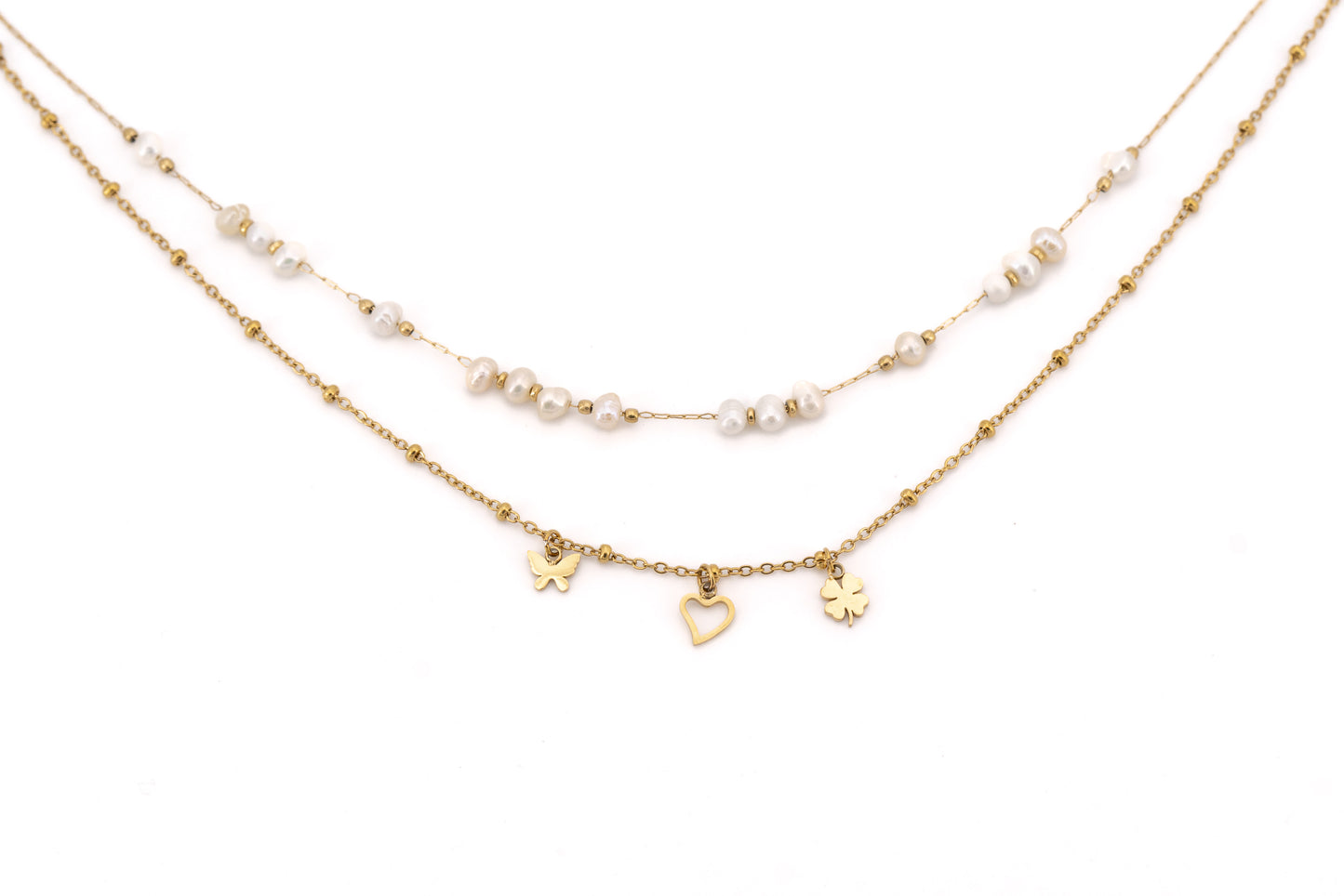 COLLANA CORTA DUE FILI ACCIAIO E PERLE CON TRE PENDENTI LN37