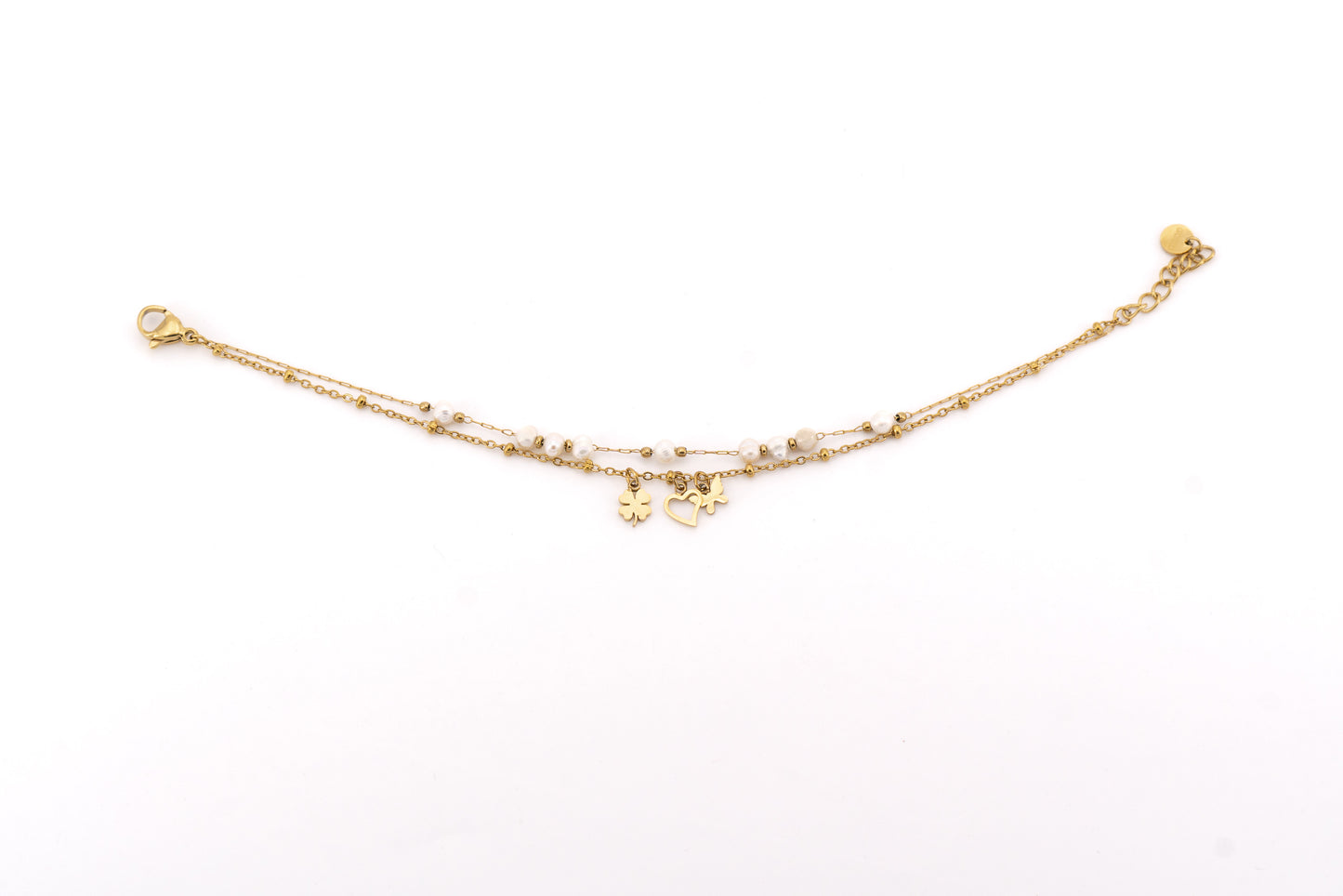 BRACCIALE DUE FILI ACCIAIO E PERLE CON TRE PENDENTI LN38