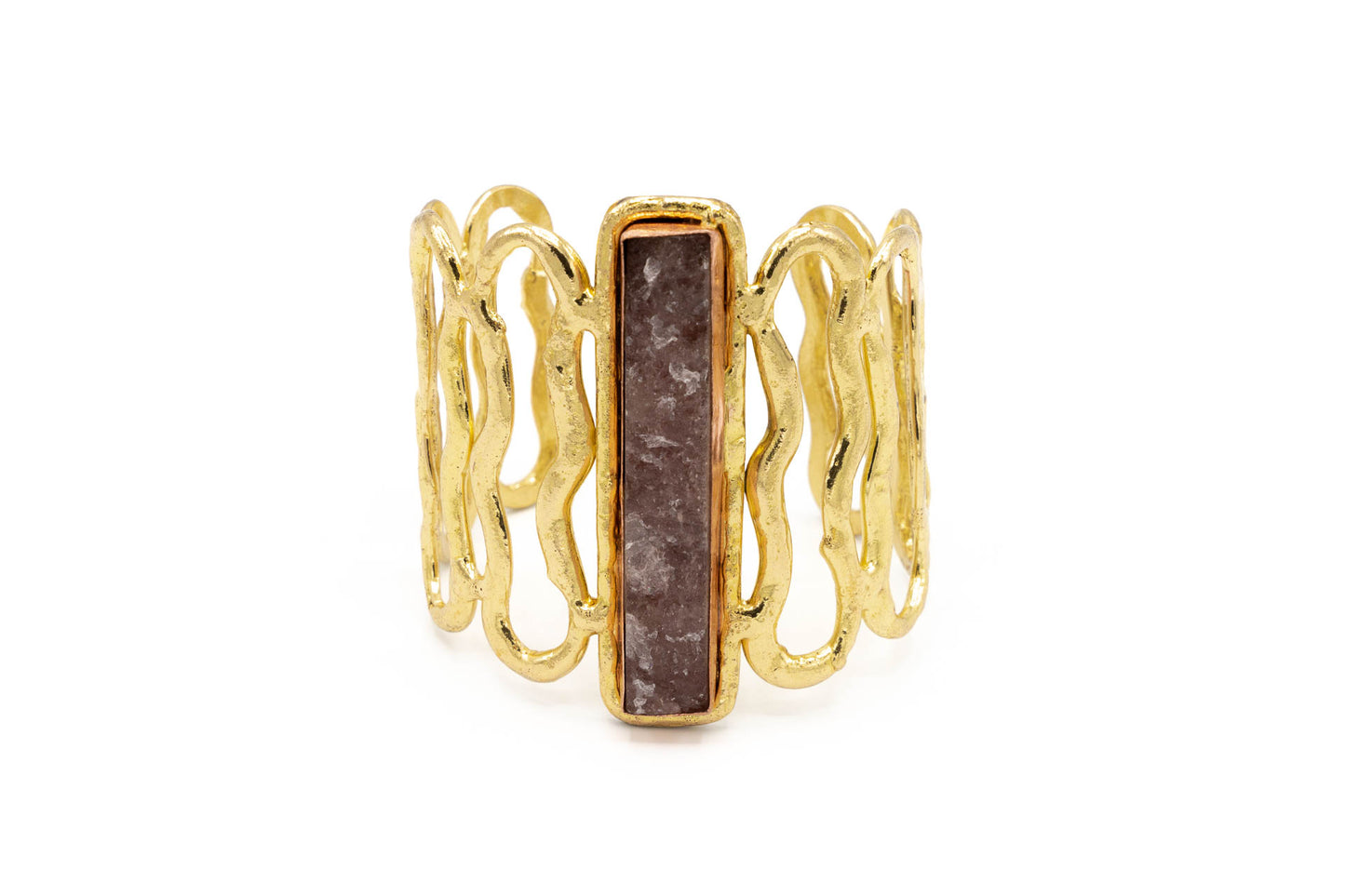 BRACCIALE ALTO OTTONE MULTI ONDE RETTANGOLO CENTR.PIETRA QUARZO FRAGOLA SH123