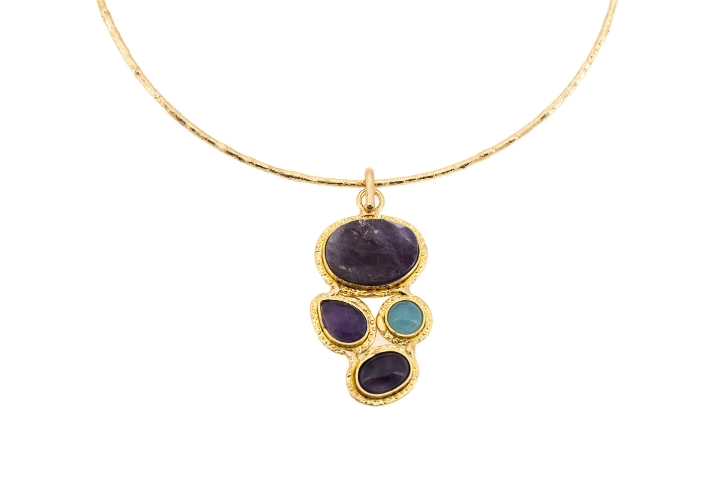 CHOKER OTTONE QUATTRO PIETRE PENDENTE AMETISTA,CALCITE BLU SH457