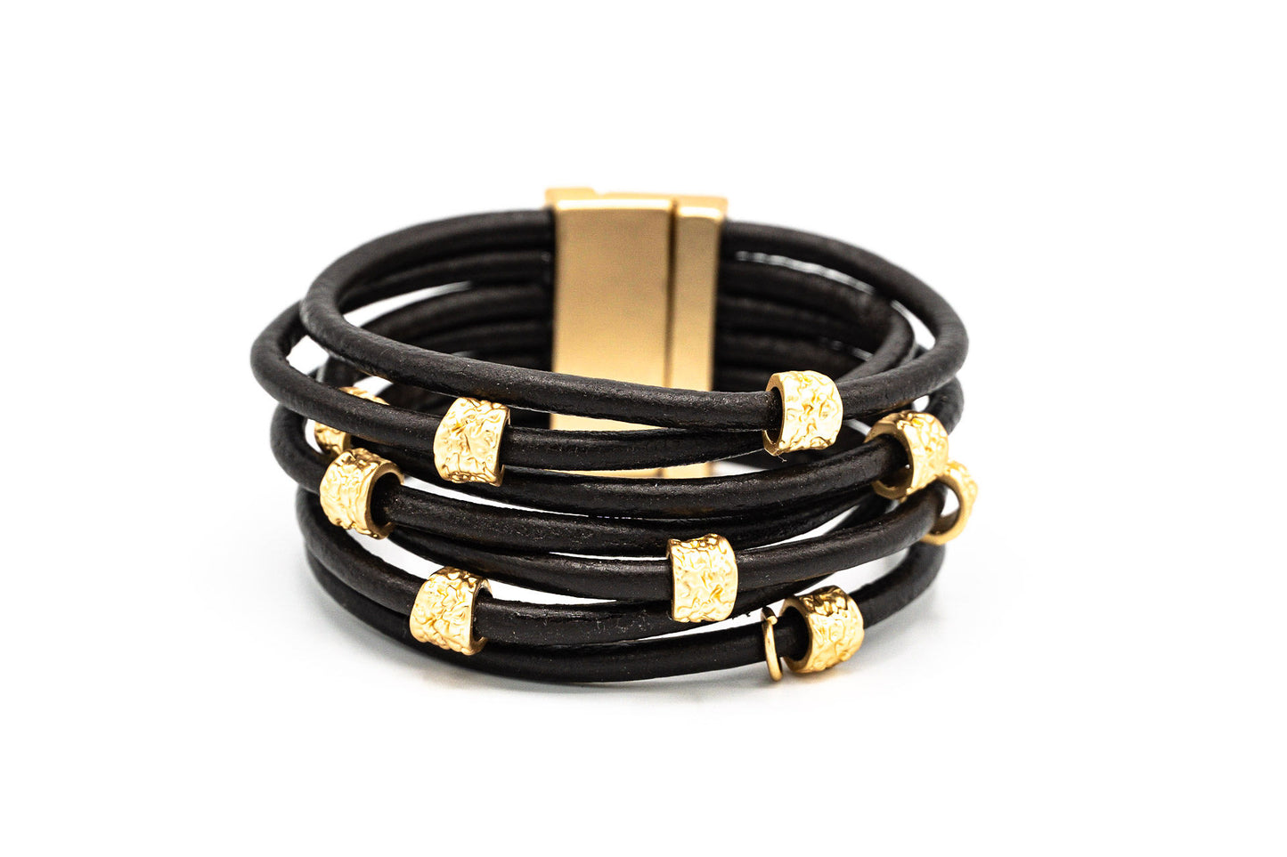 BRACCIALE CALAMITA 7 FILI PELLE MARRONE METALLO ZAMA BAGNO IN ORO OPACO 9 CILINDRI XS268O