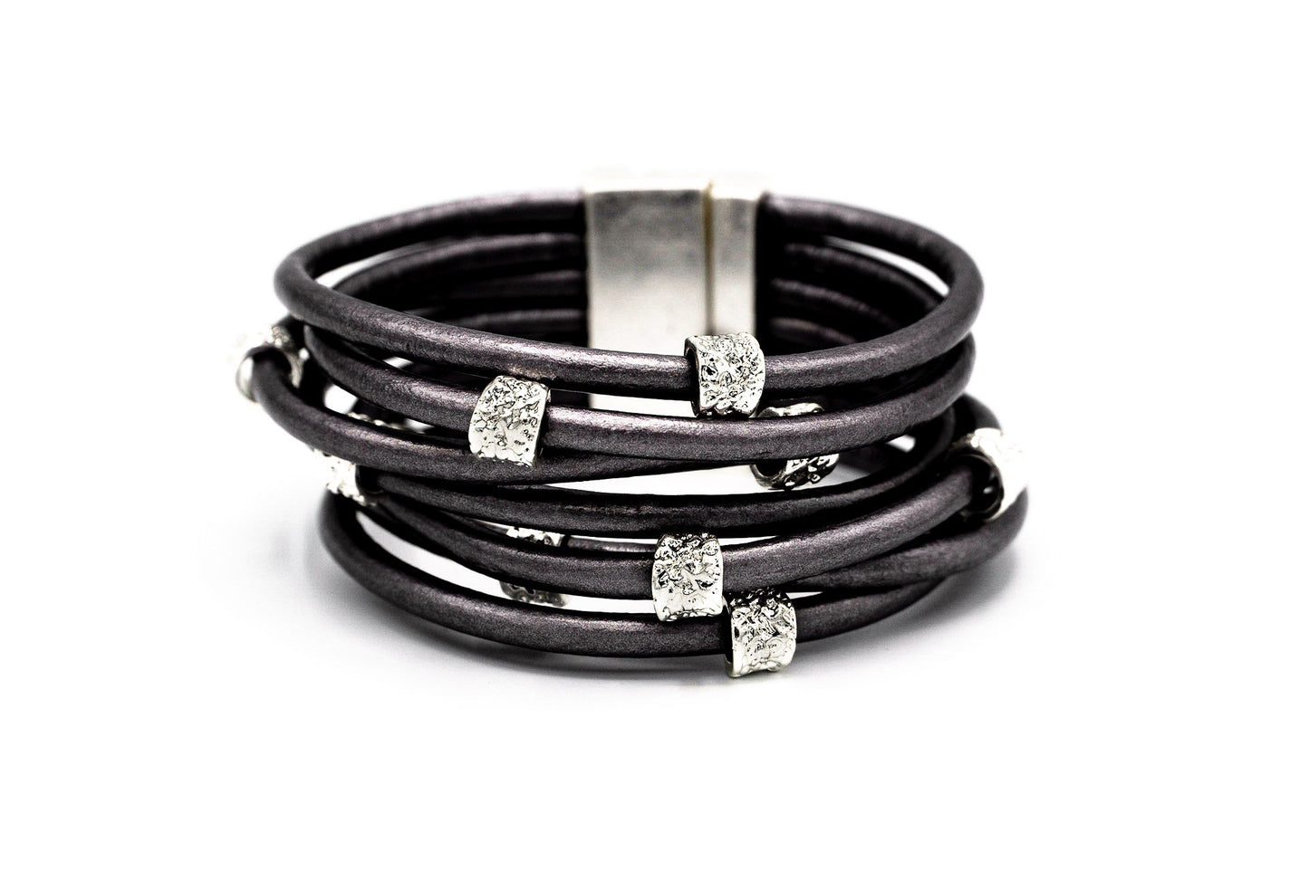 BRACCIALE CALAMITA 7 FILI PELLE GRIGIO METALLO ZAMA BAGNO IN ARGENTO OPACO CILINDRI XS268R