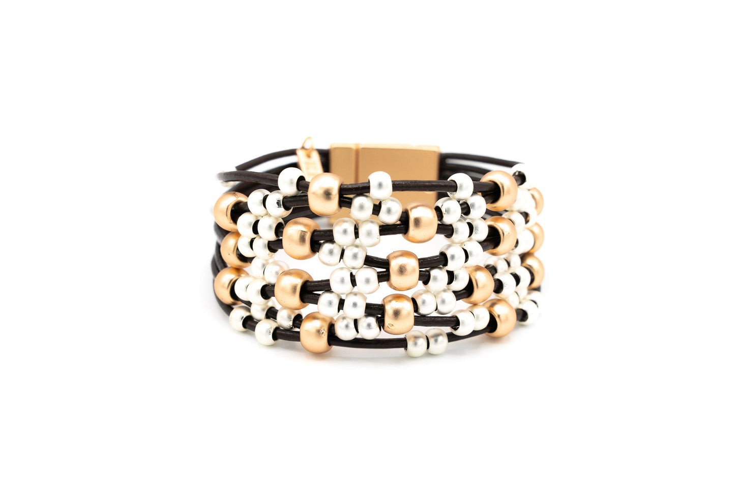 BRACCIALE A CALAMITA FILI PELLE PALLINE METALLO ZAMA BAGNO IN ARGENTO+ORO OPACO XS282