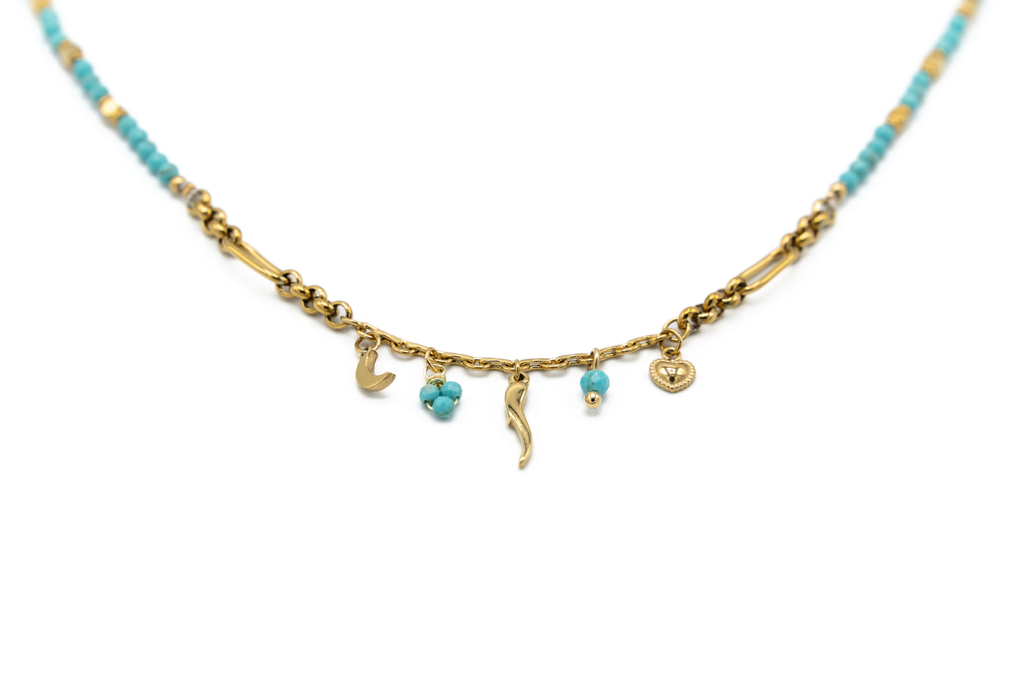 COLLANA CORTA ACCIAIO PIETRE TURCHESI CORNO,CUORE,LUNA PENDENTI       LN12