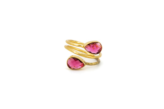ANELLO OTTONE DUE GOCCE QUARZO IDROTERMALE ROSA FUCSIA       MO103