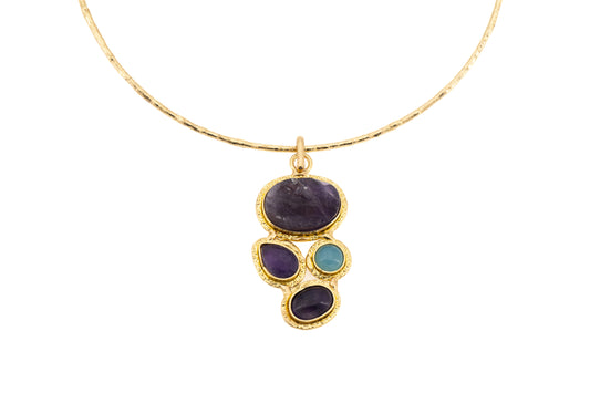 CHOKER OTTONE QUATTRO PIETRE PENDENTE AMETISTA,CALCITE BLU     SH457